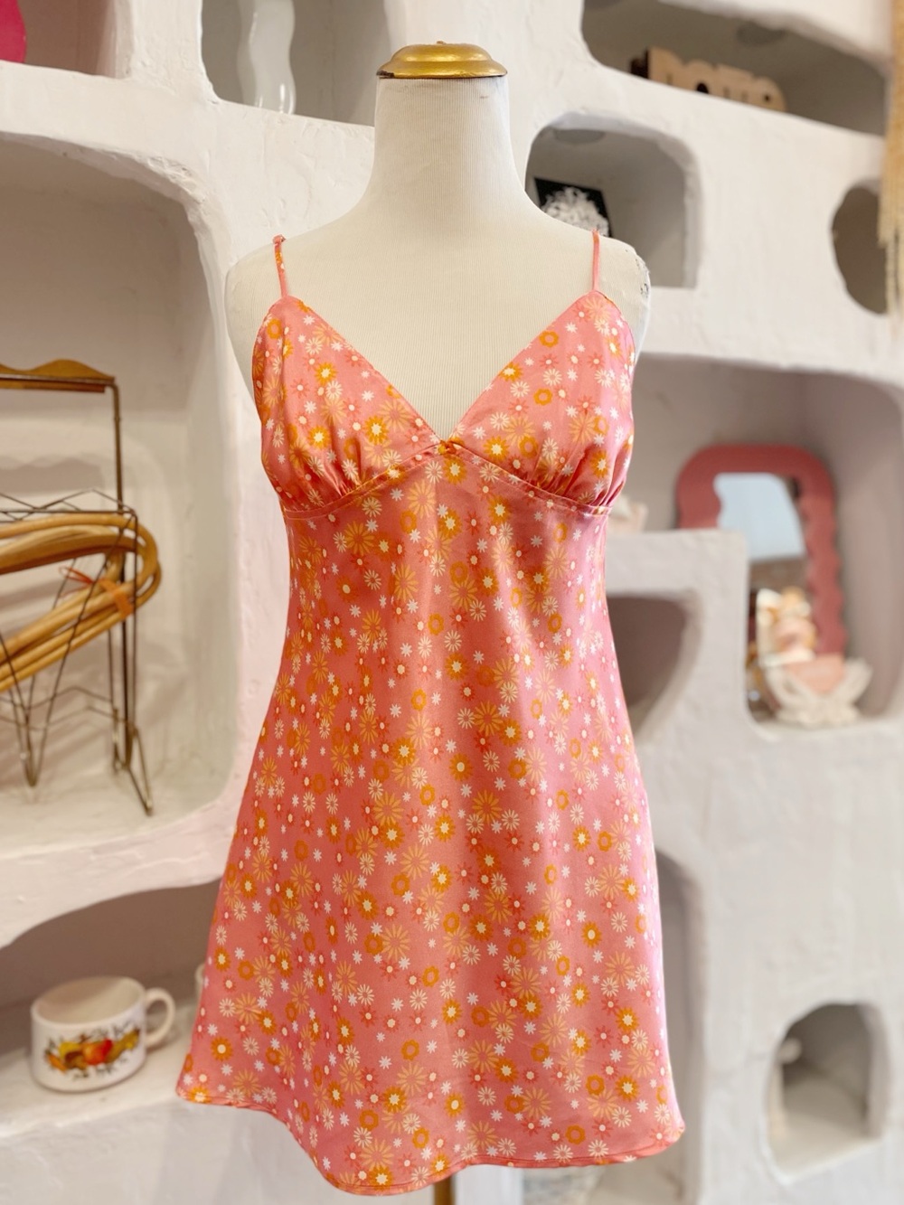 Y2K Mini Floral Satin Mini Slip Dress with Side Slits and Adjustable Straps